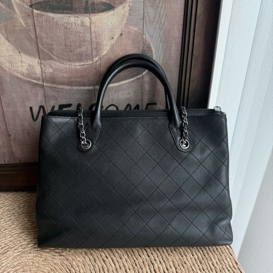 CHANEL香奈兒 黑銀魚子醬菱格2way手提鏈條托特包肩背包斜背包-2