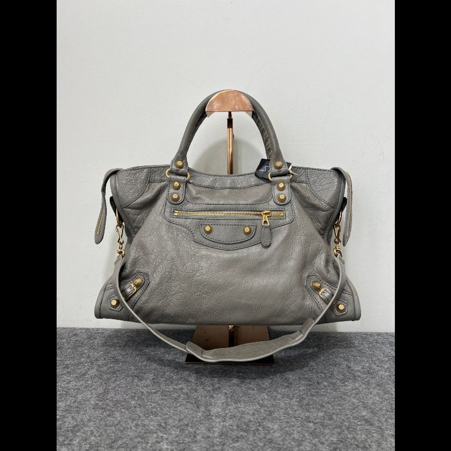 BALENCIAGA/巴黎世家灰金中號機車包-0