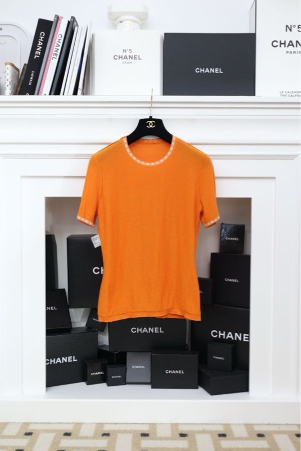 Chanel橘色羊绒针织短袖上衣-4