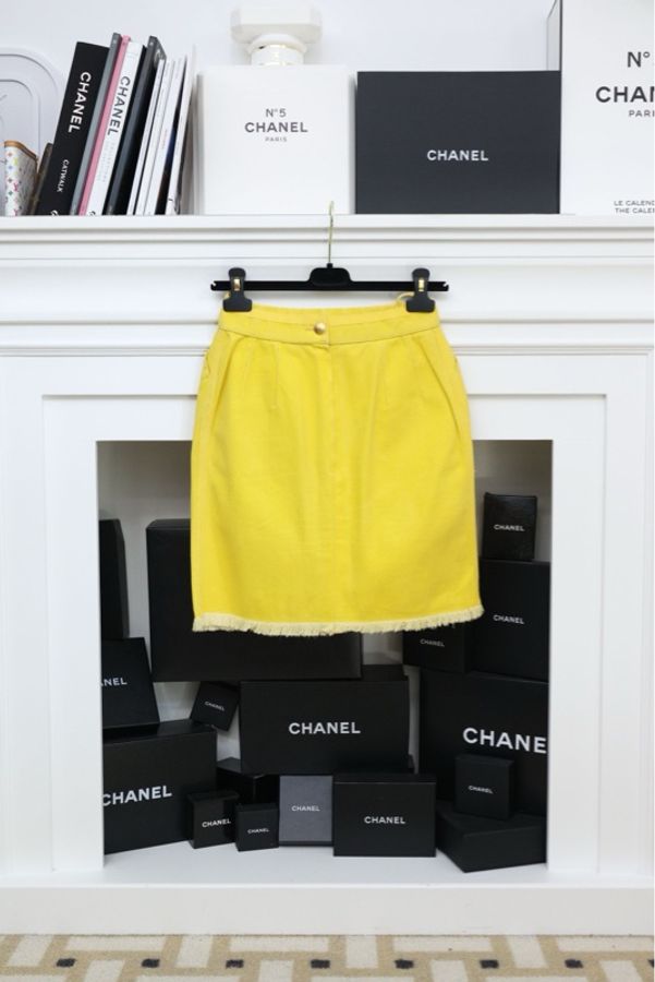 Chanel 92年春夏秀款小鸡黄丹宁牛仔布西装外套半裙套装-3