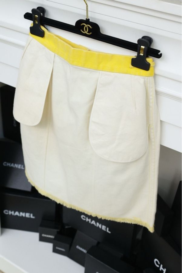 Chanel 92年春夏秀款小鸡黄丹宁牛仔布西装外套半裙套装-8