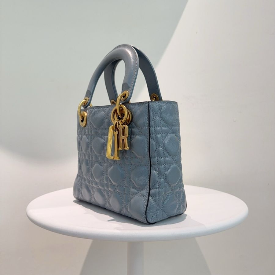 Dior 迪奧 四格戴妃 寬肩帶徽章 霧霾藍 手提包斜挎包 金扣-1
