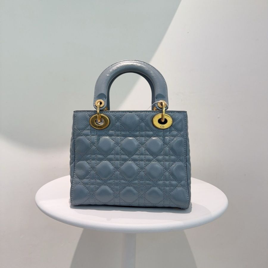 Dior 迪奧 四格戴妃 寬肩帶徽章 霧霾藍 手提包斜挎包 金扣-2