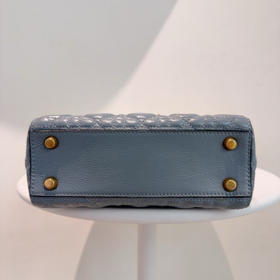 Dior 迪奧 四格戴妃 寬肩帶徽章 霧霾藍 手提包斜挎包 金扣-3