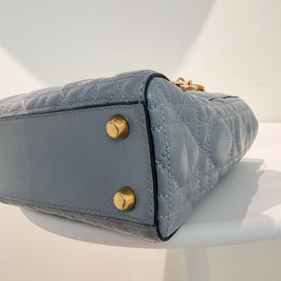 Dior 迪奧 四格戴妃 寬肩帶徽章 霧霾藍 手提包斜挎包 金扣-4