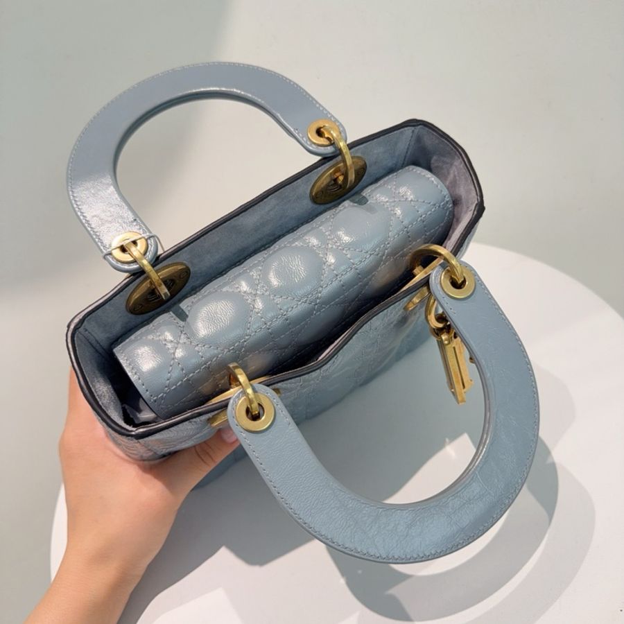 Dior 迪奧 四格戴妃 寬肩帶徽章 霧霾藍 手提包斜挎包 金扣-6