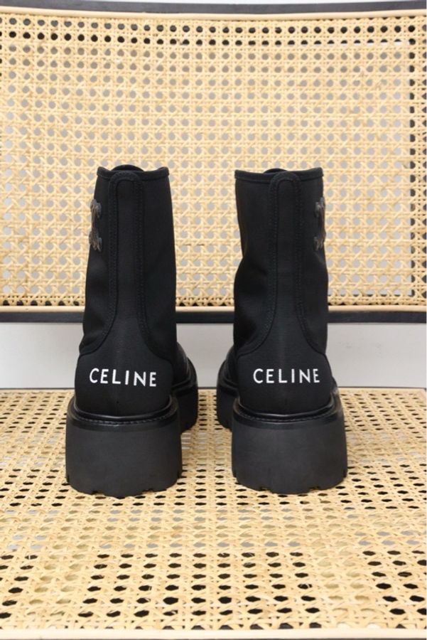 Celine 21年黑色针织皮革拼接系带靴-3
