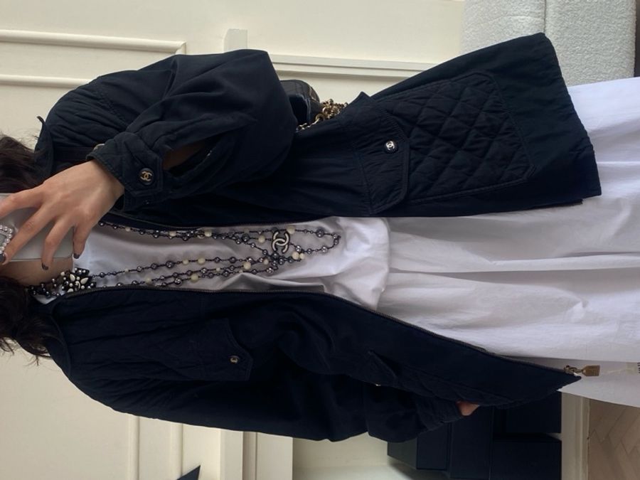 Chanel拉链款cc logo金扣四口袋外套黑色菱格纹口袋长棉服-5