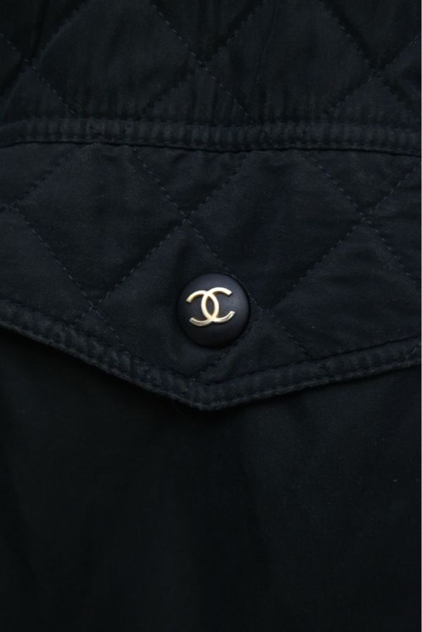 Chanel拉链款cc logo金扣四口袋外套黑色菱格纹口袋长棉服-7