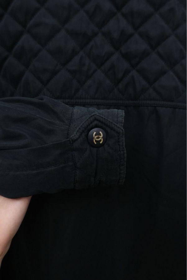 Chanel拉链款cc logo金扣四口袋外套黑色菱格纹口袋长棉服-8
