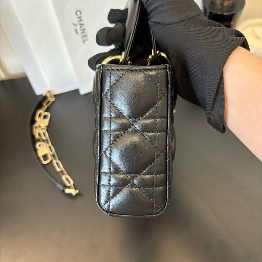 ✨迪奧/Dior Lady D-Joy 黑色小羊皮 金扣橫版戴妃包 手提包斜挎包-2
