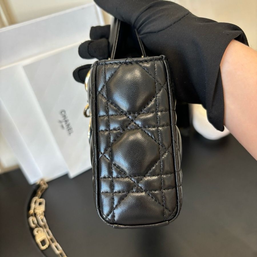 ✨迪奧/Dior Lady D-Joy 黑色小羊皮 金扣橫版戴妃包 手提包斜挎包-3