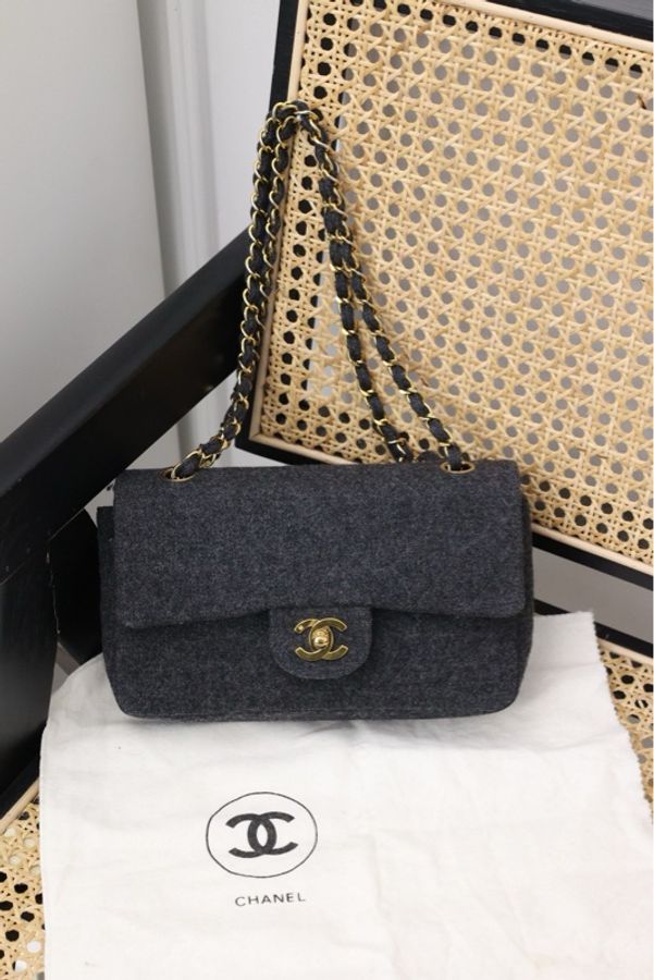 Chanel灰毛呢金扣classic flap双盖CF单肩包-0