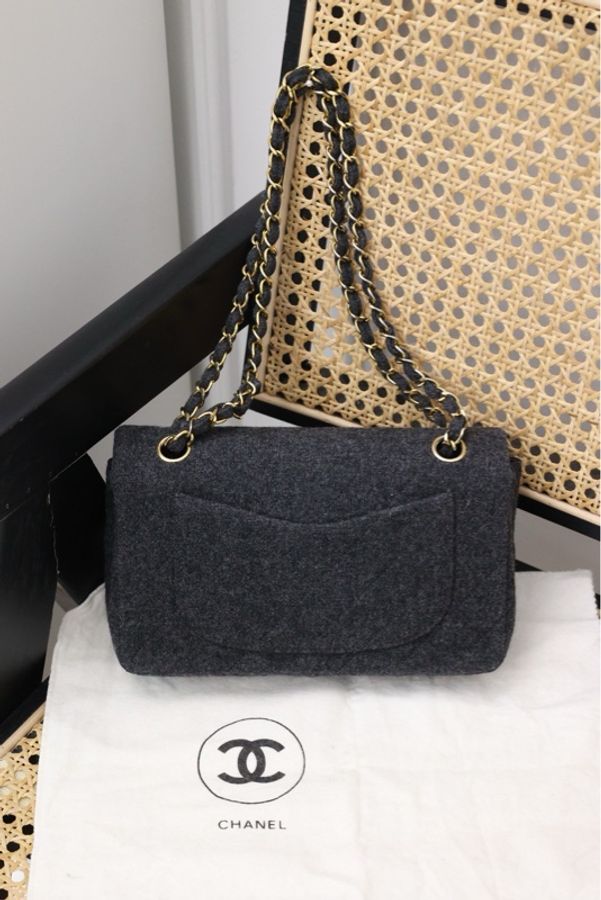 Chanel灰毛呢金扣classic flap双盖CF单肩包-1