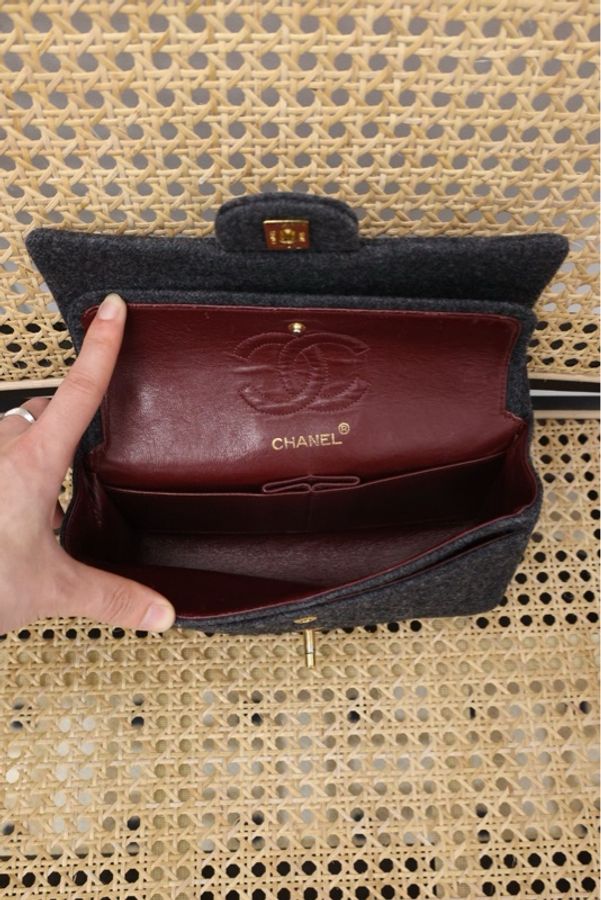Chanel灰毛呢金扣classic flap双盖CF单肩包-7