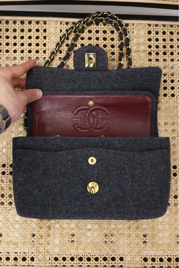 Chanel灰毛呢金扣classic flap双盖CF单肩包-28