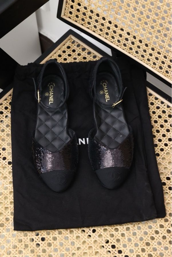 Chanel 20年紫色亮片黑色针织拼接玛丽珍鞋-0