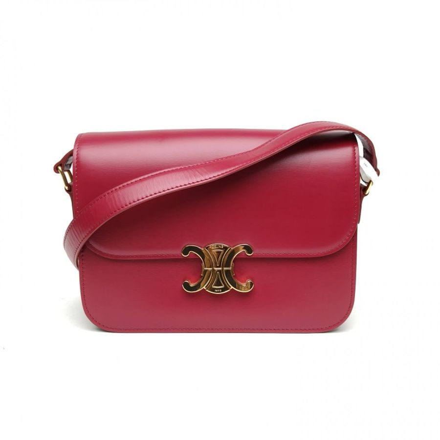 CELINE 凱旋門金屬鎖扣中號22紅色牛皮革金扣肩背包-0