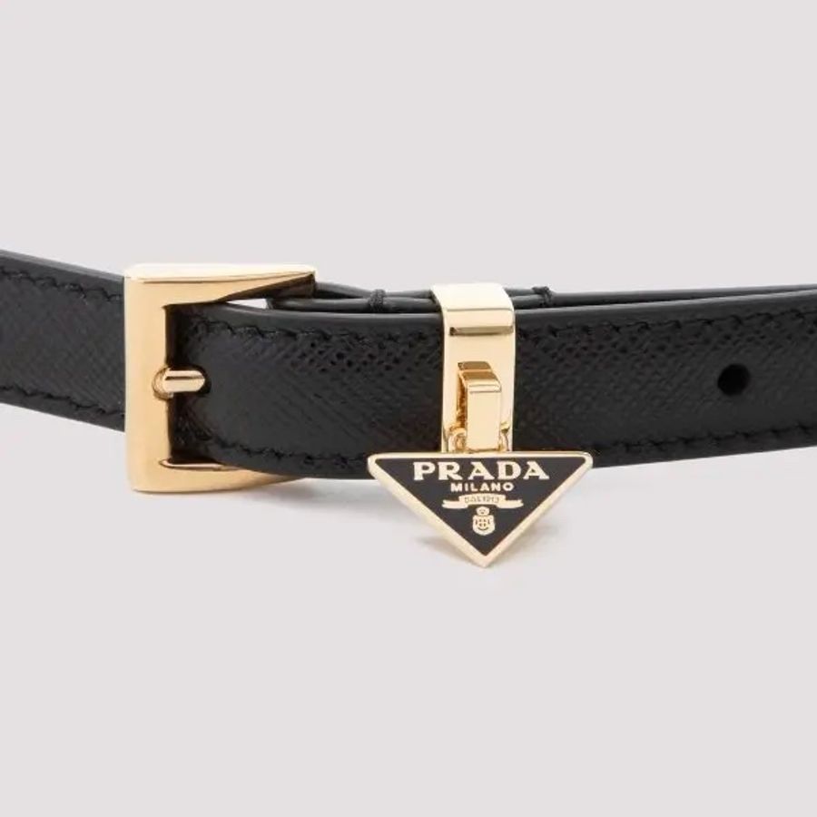 PRADA Saffiano 三角牌 黑色 綴飾 金釦 防刮牛皮細版 腰帶 皮帶-1