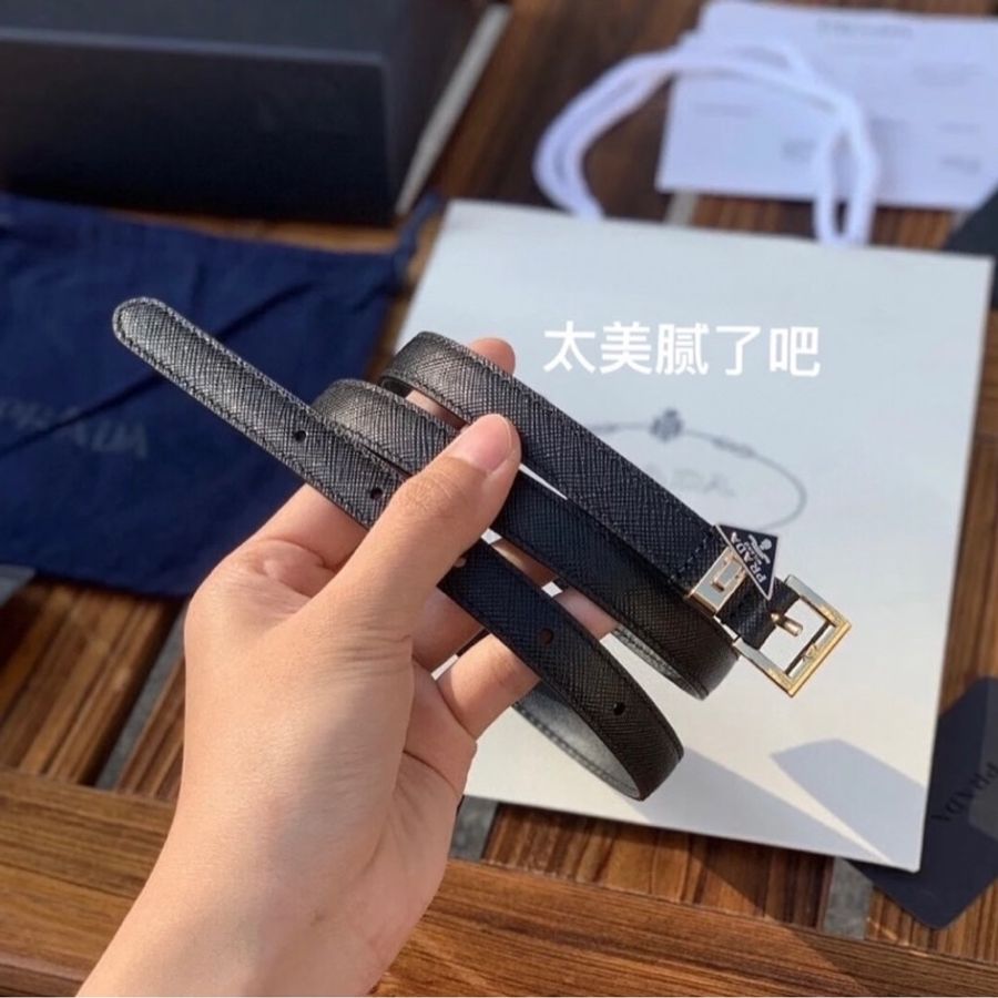 PRADA Saffiano 三角牌 黑色 綴飾 金釦 防刮牛皮細版 腰帶 皮帶-2