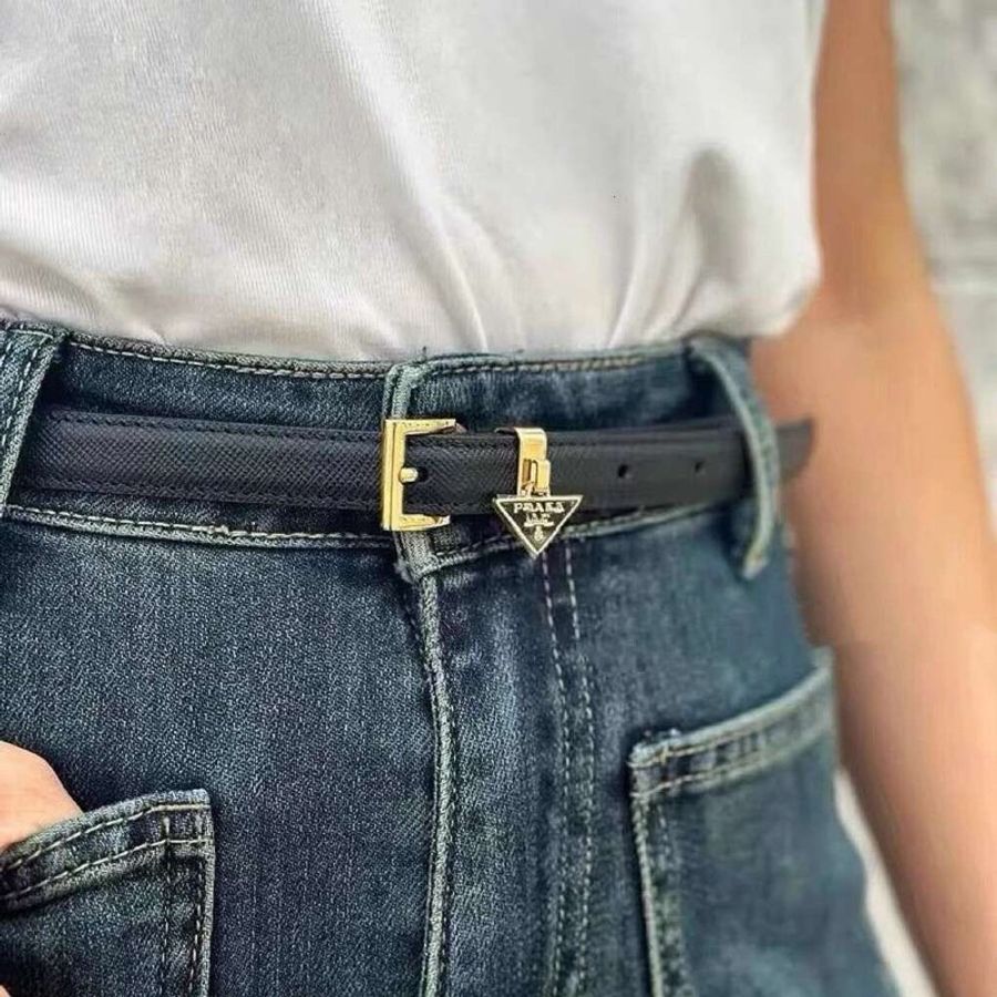 PRADA Saffiano 三角牌 黑色 綴飾 金釦 防刮牛皮細版 腰帶 皮帶-6