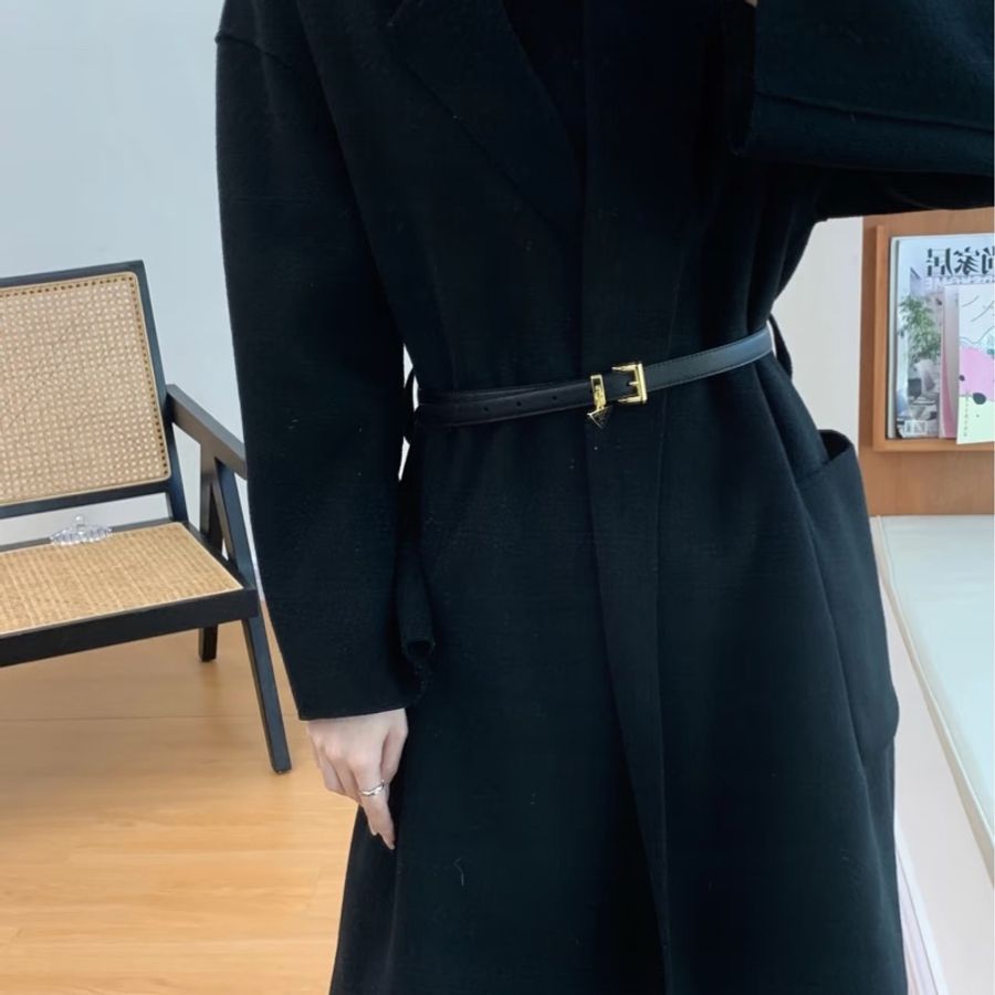 PRADA Saffiano 三角牌 黑色 綴飾 金釦 防刮牛皮細版 腰帶 皮帶-7