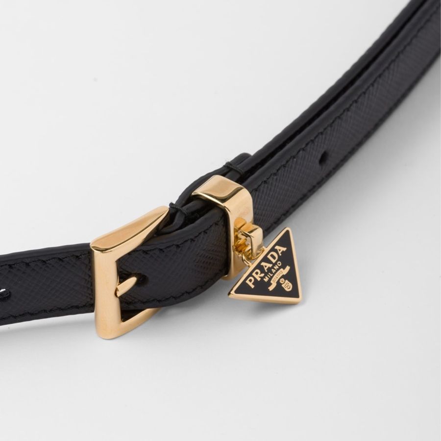 PRADA Saffiano 三角牌 黑色 綴飾 金釦 防刮牛皮細版 腰帶 皮帶-10