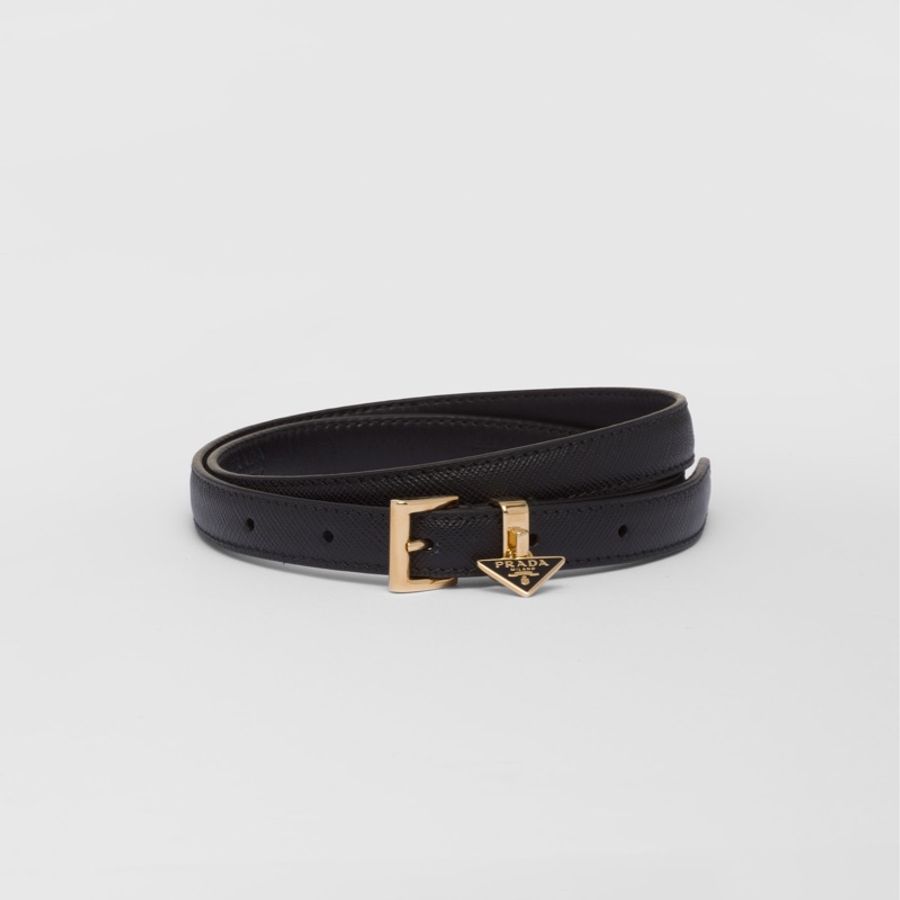 PRADA Saffiano 三角牌 黑色 綴飾 金釦 防刮牛皮細版 腰帶 皮帶-11