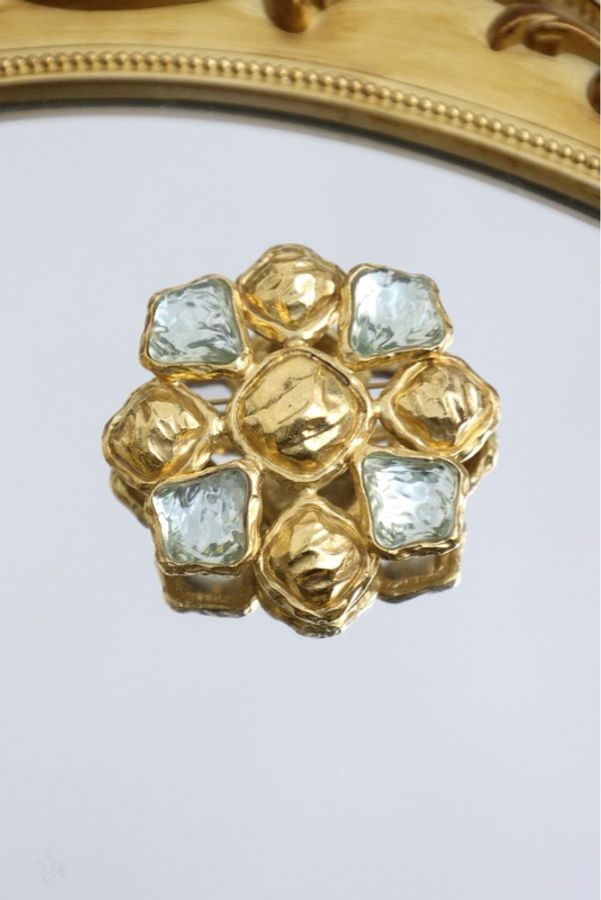 YSL素金浅蓝色琉璃花朵胸针-0