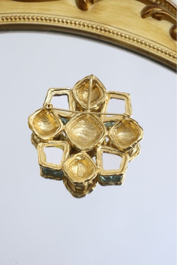 YSL素金浅蓝色琉璃花朵胸针-2