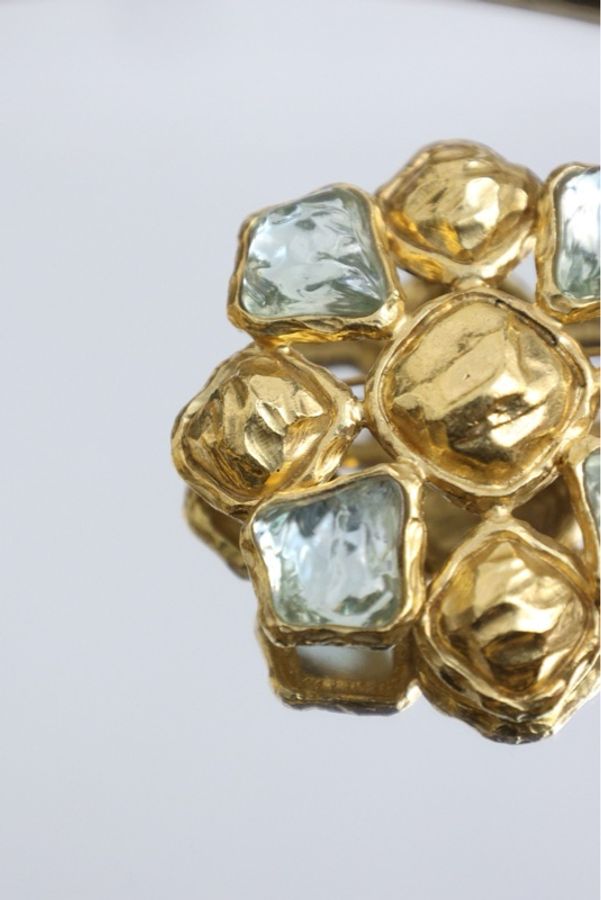 YSL素金浅蓝色琉璃花朵胸针-7