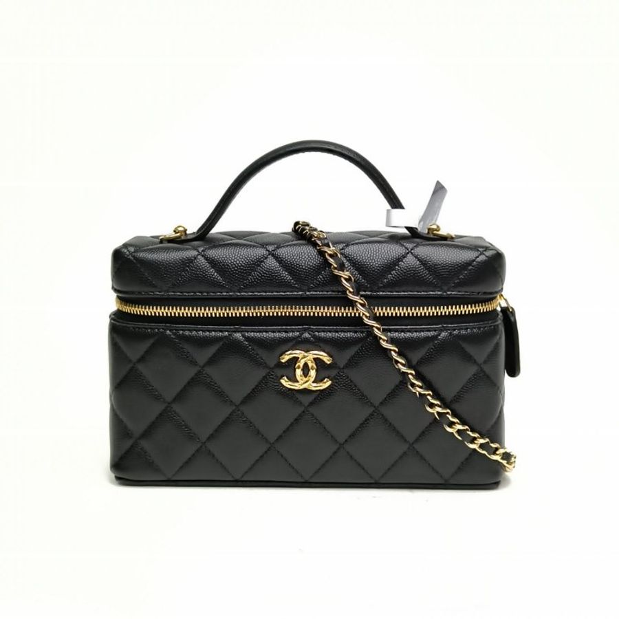 CHANEL 黑色荔枝牛皮革金扣麥穗雙C黑金盒子斜挎包肩背包-0