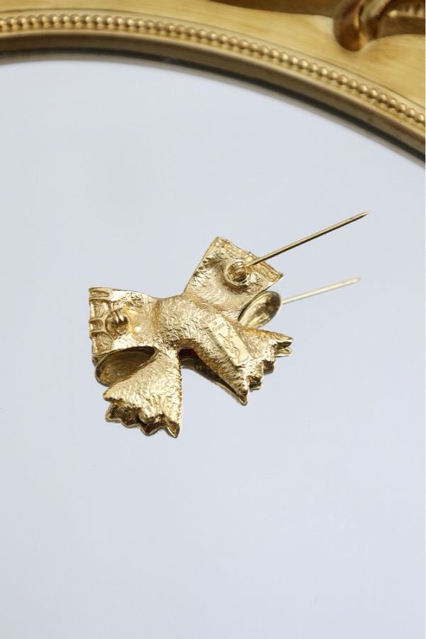 YSL素金红色莱茵石蝴蝶结胸针-6