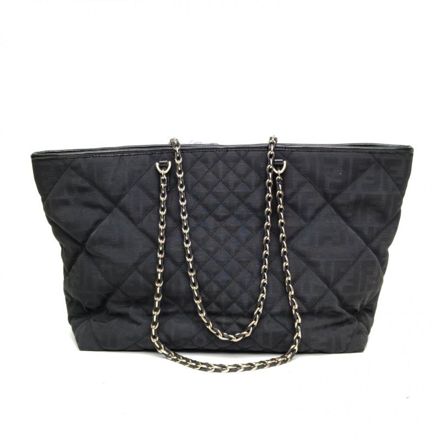FENDI 黑色帆布淺金扣經典滿印logo老花托特包肩背包-0