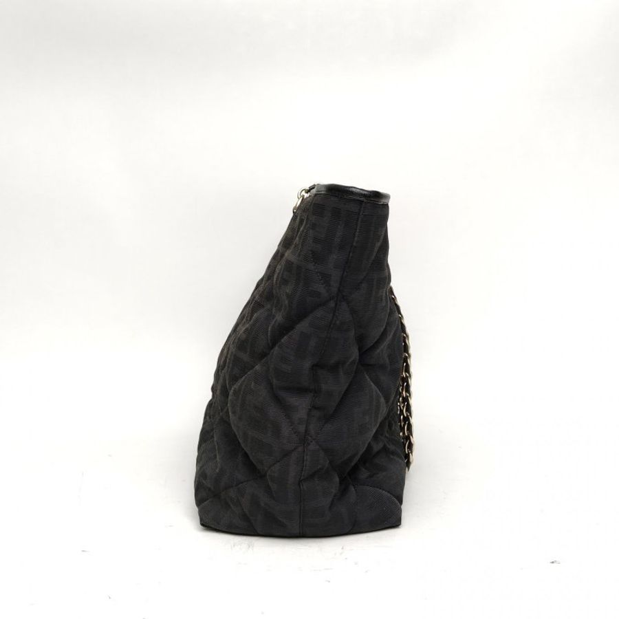 FENDI 黑色帆布淺金扣經典滿印logo老花托特包肩背包-3
