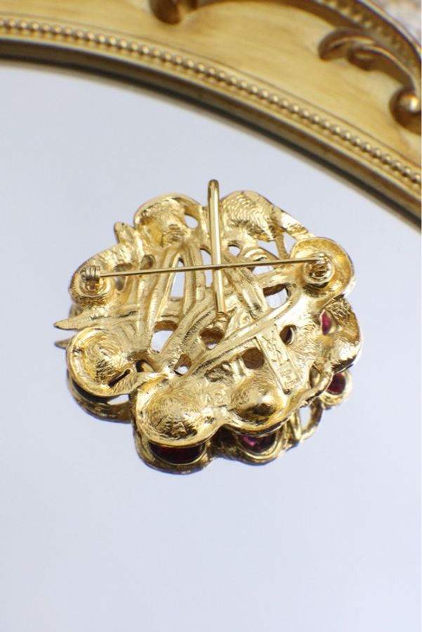 YSL素金红色琉璃水钻胸针-5