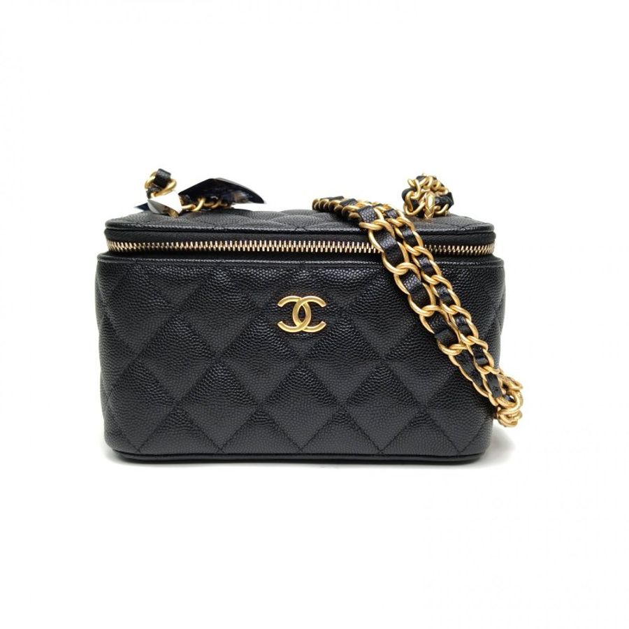 CHANEL 黑色荔枝牛皮革金扣23A黑金長方子母化妝包肩背包-0