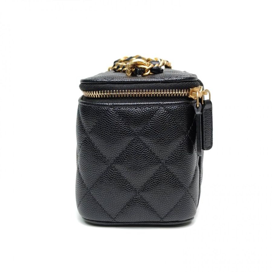 CHANEL 黑色荔枝牛皮革金扣23A黑金長方子母化妝包肩背包-1