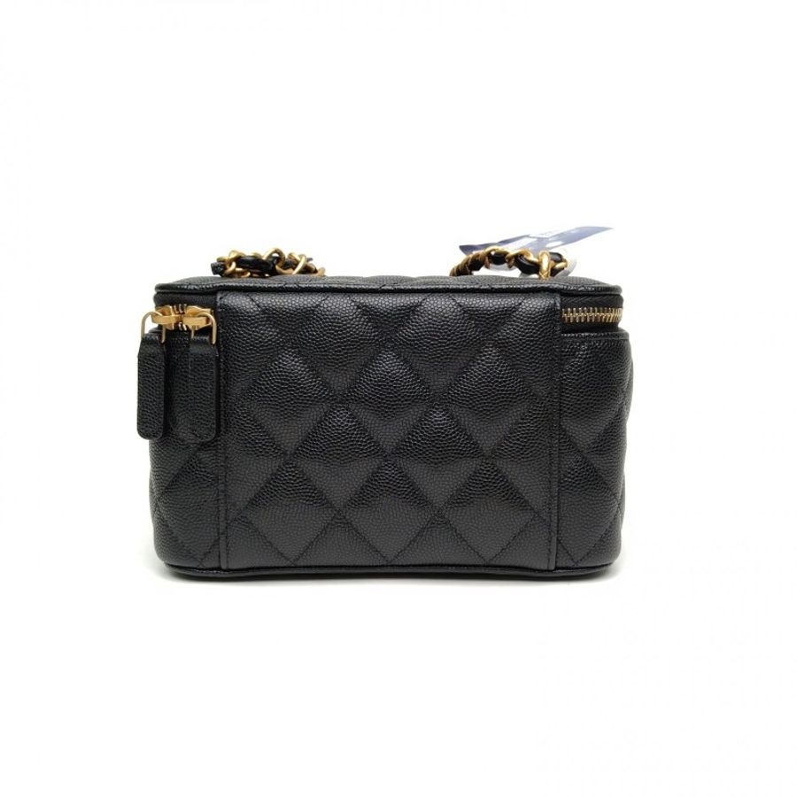 CHANEL 黑色荔枝牛皮革金扣23A黑金長方子母化妝包肩背包-2
