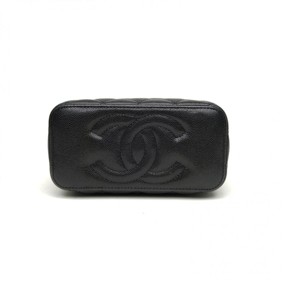 CHANEL 黑色荔枝牛皮革金扣23A黑金長方子母化妝包肩背包-4