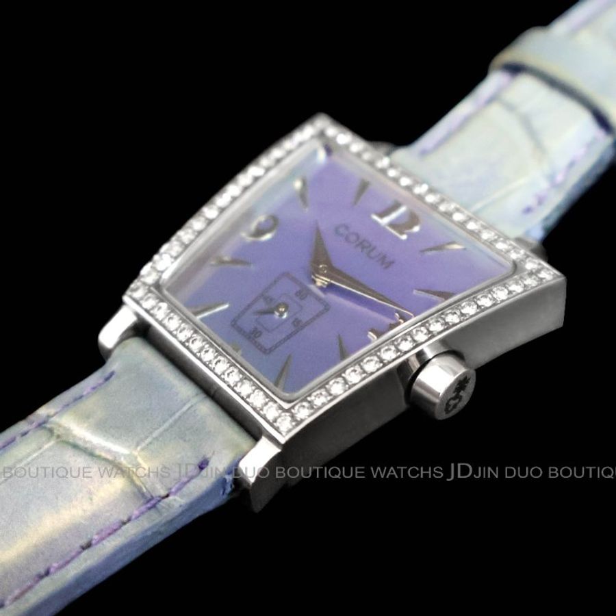 金鐸精品~2550 CORUM崑崙Trapeze系列梯形錶殼粉紫色珍珠母貝面盤石英女用鑽錶-5