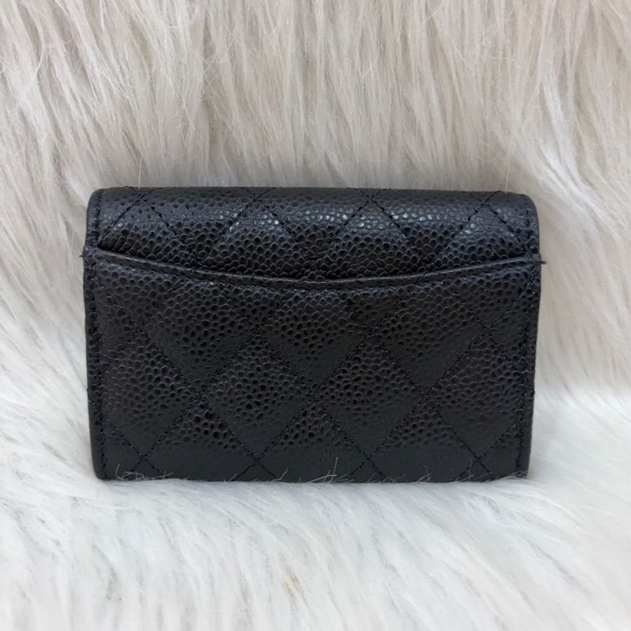 CHANEL AP0214 COCO 黑色荔枝皮 銀釦 釦式 零錢包 信用卡夾 名片夾-2