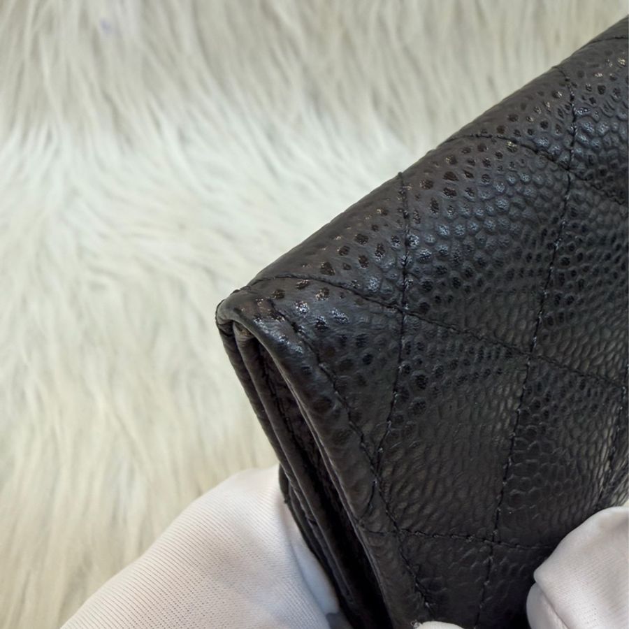 CHANEL AP0214 COCO 黑色荔枝皮 銀釦 釦式 零錢包 信用卡夾 名片夾-7