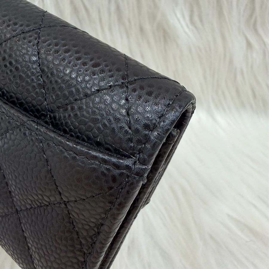 CHANEL AP0214 COCO 黑色荔枝皮 銀釦 釦式 零錢包 信用卡夾 名片夾-15