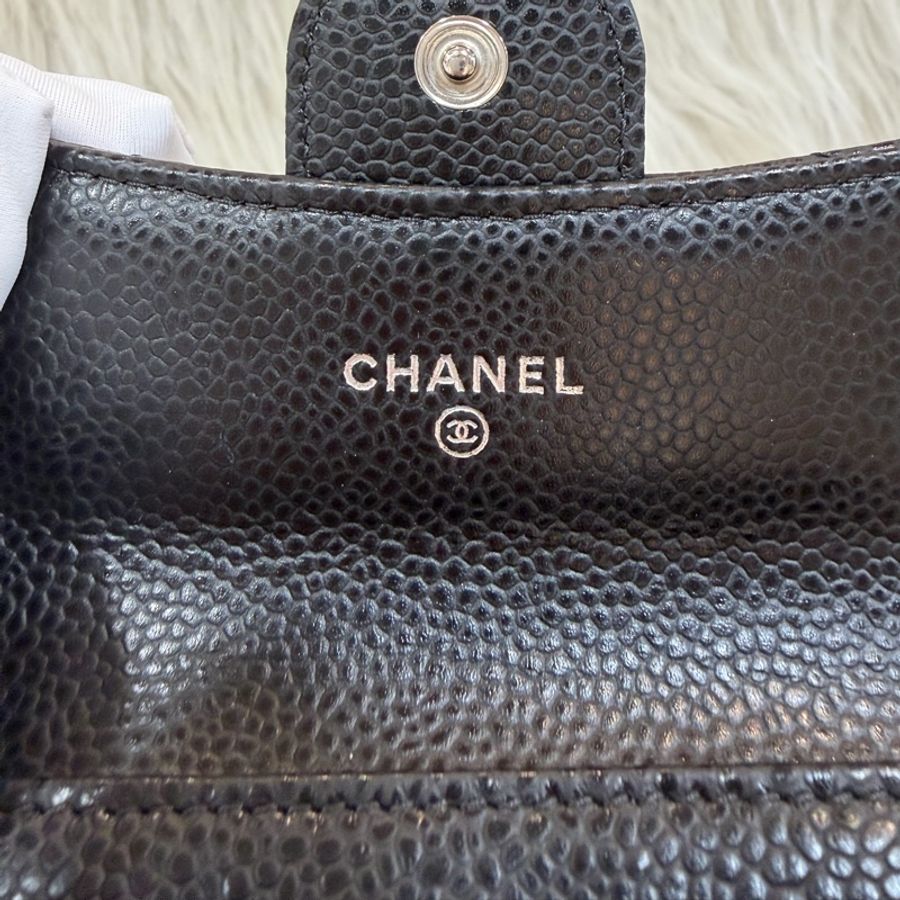 CHANEL AP0214 COCO 黑色荔枝皮 銀釦 釦式 零錢包 信用卡夾 名片夾-20