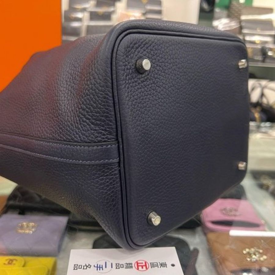 東區正精品㊣ HERMES PICOTIN 22cm 愛馬仕午夜藍色銀釦水桶袋包鎖頭包手提包菜籃子 X刻 RZ6552-12