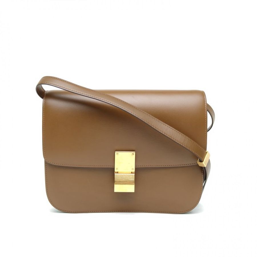 CELINE ClassicBox中號棕色牛皮革金扣肩背包-0