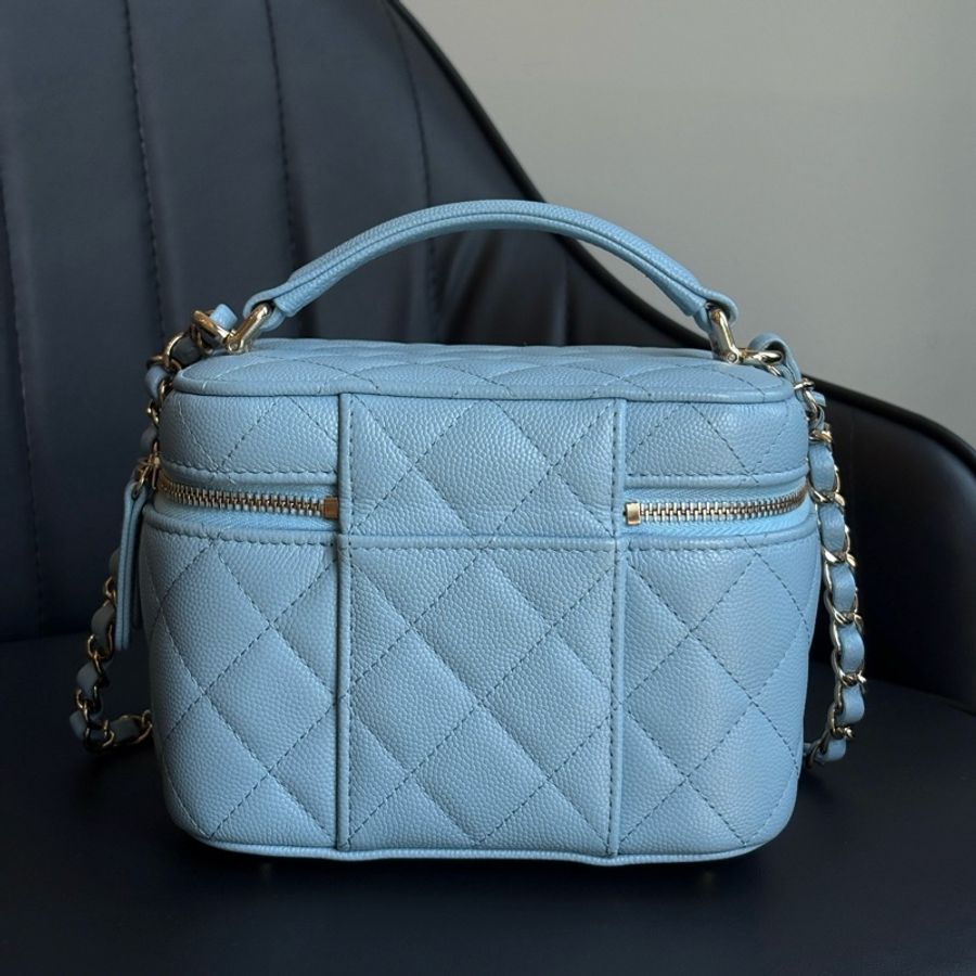 Chanel/香奈兒 藍色牛皮菱格化妝盒手提包斜挎包-2