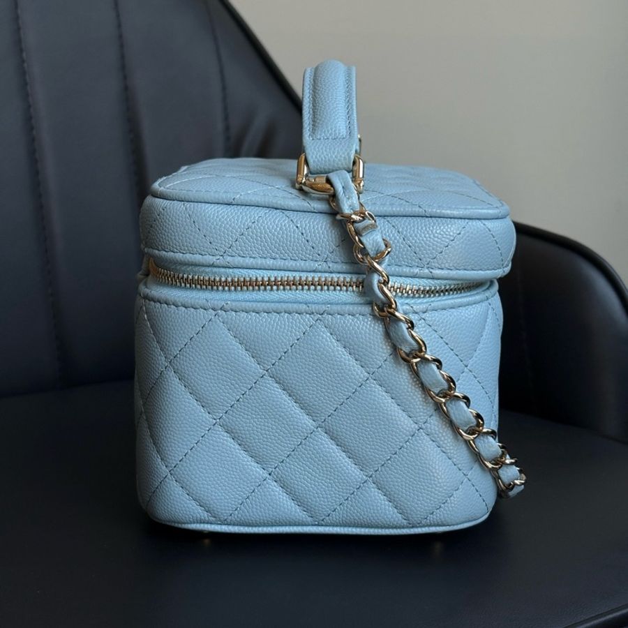 Chanel/香奈兒 藍色牛皮菱格化妝盒手提包斜挎包-4