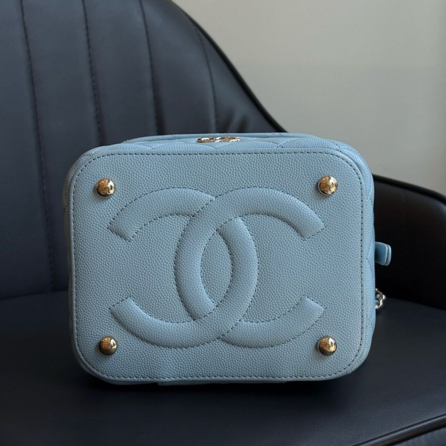 Chanel/香奈兒 藍色牛皮菱格化妝盒手提包斜挎包-5